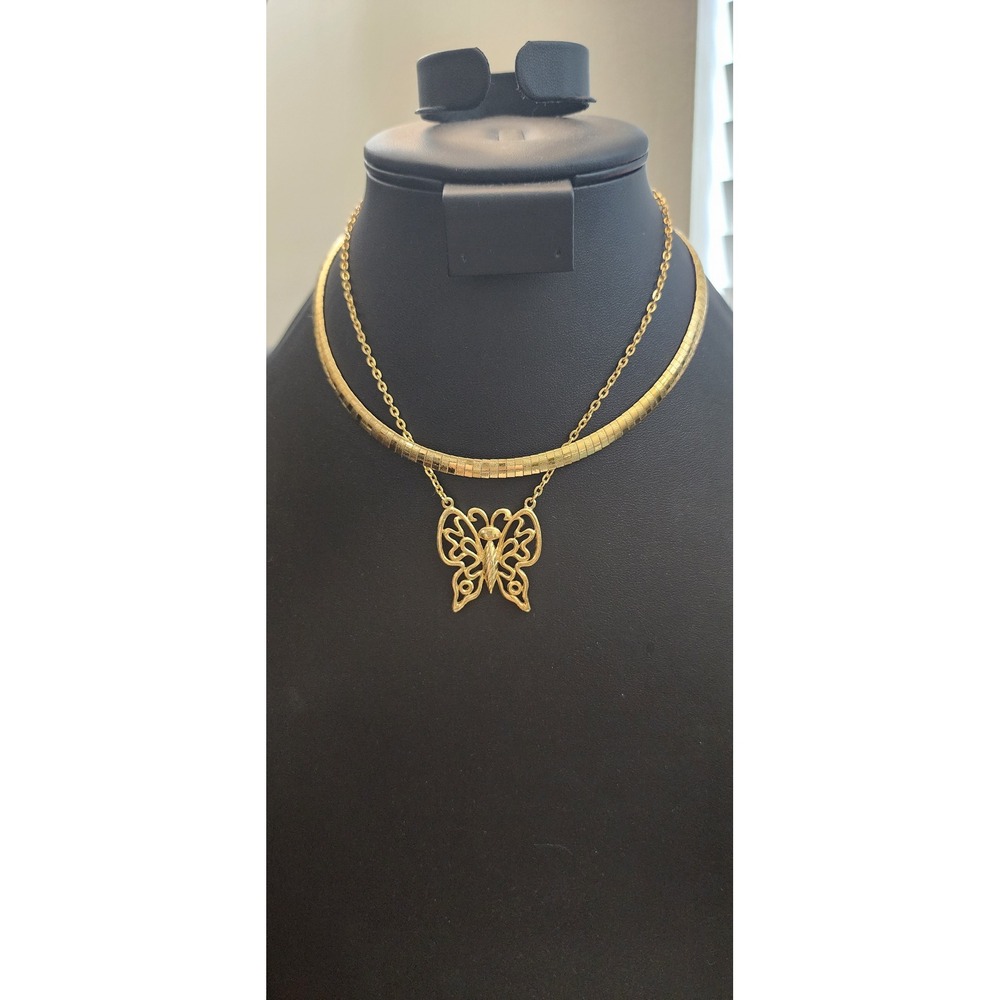 Gold Stainless Steel Butterfly Pendant & Omega Collar Layered Necklace Set